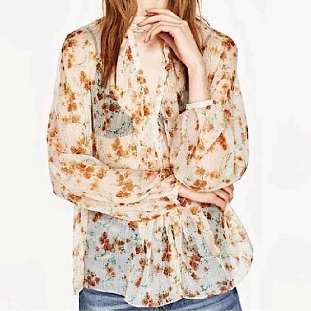 ⚡️ZARA Orange Floral Blouse with Mandarin Collar and Keyhole SZ S sheer nude